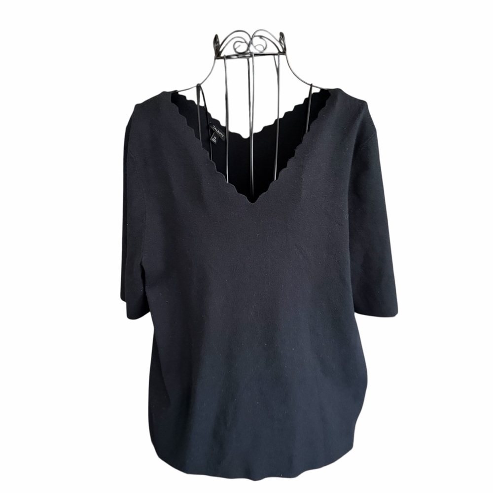 Talbots Black Scalloped‎ Top Blouse Sweater V Neck/Back Women's Size XL